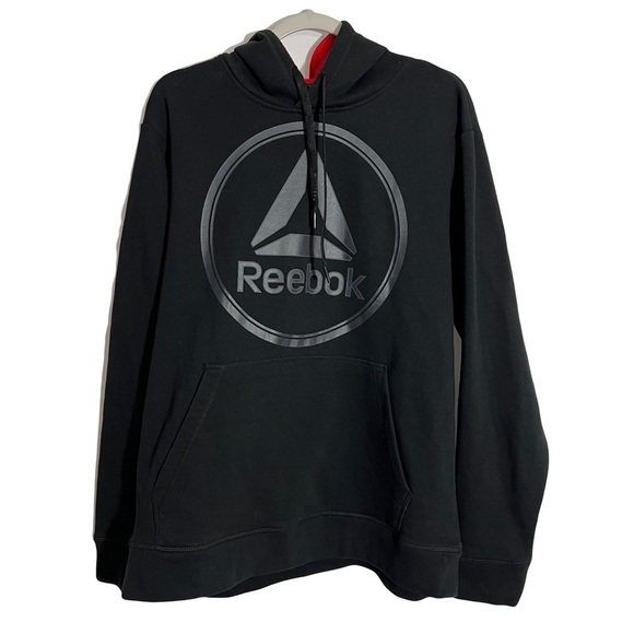 Reebok Long Sleeve Fleece Lined Hoodie Size L Black logo Pockets Soft Drawstring - Picture 1 of 10